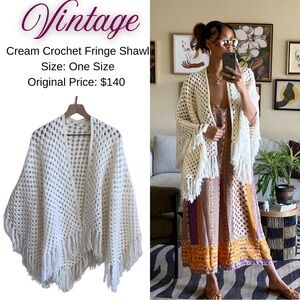 Cream Crochet Fringe Shawl